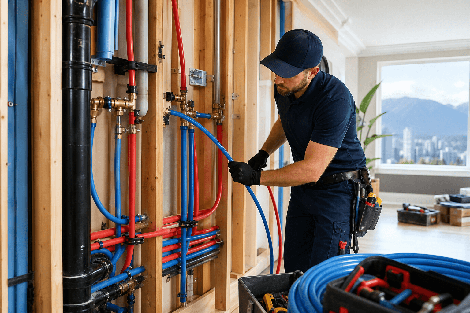 Plumber completing a full home repipe with PEX piping in Metro Vancouver