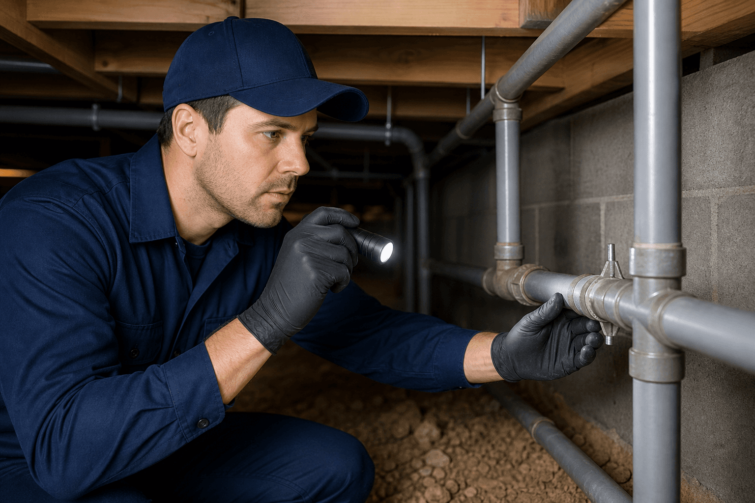 Vancouver plumber inspecting grey polybutylene poly B pipes in a home crawlspace